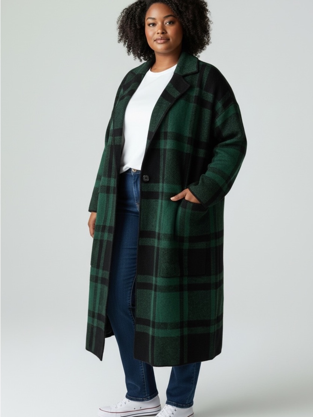Liz Claiborne Green Black Plaid Long Knit Coat Cardigan Size 3X NEW